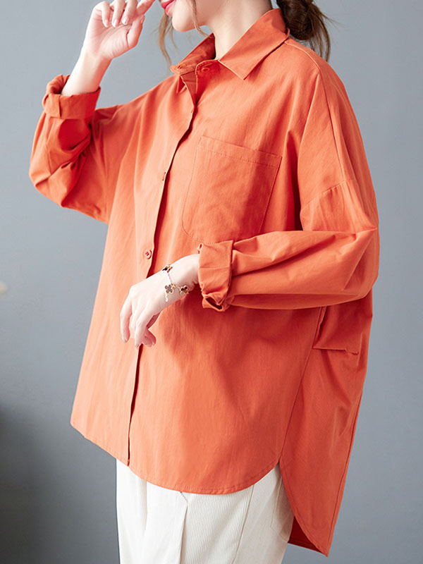xakxx High-Low Long Sleeves Solid Color Lapel Blouses&Shirts Tops