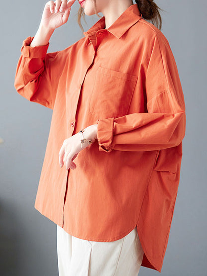 xakxx High-Low Long Sleeves Solid Color Lapel Blouses&Shirts Tops