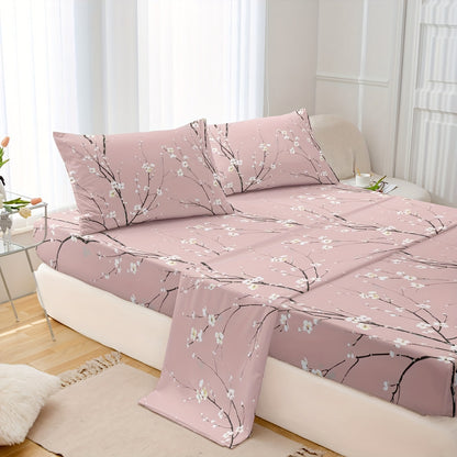 4pcs Luxury Flower Print Fitted Sheet Set - Soft, Hypoallergenic & Breathable Bedding - Wrinkle-Free & Fade-Resistant - Perfect for Bedrooms & Guest Rooms - 1 Flat Sheet, 1 Fitted Sheet, 2 Pillowcases - No Mattress Core