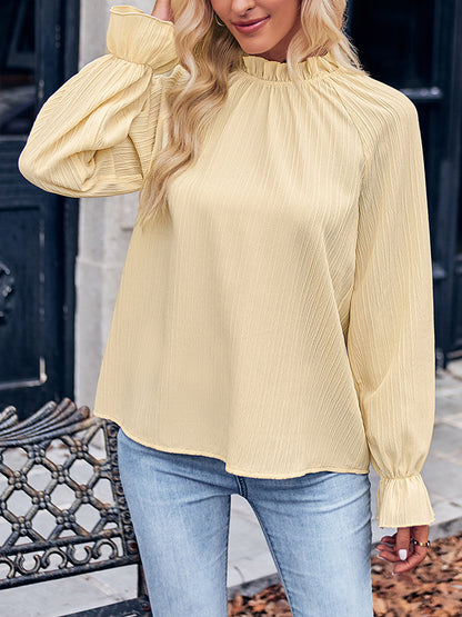 xakxx Long Sleeves Ruffle Sleeves Elasticity Ruffled Solid Color Mock Neck T-Shirts Tops