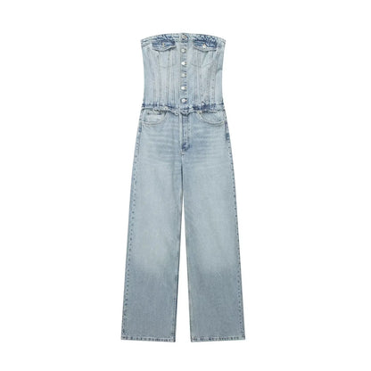 Women s Jumpsuits Rompers TRAFZA Women Chic Denim Button With Tube Top Vintage Casual Backless Elastic Force Female Streetwear Playsuits 230804