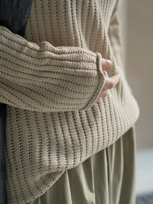 xakxx Long Sleeves Loose Solid Color V-Neck Pullovers Sweater Tops