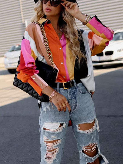 xakxx Stylish Selection Long Sleeves Loose Contrast Color Lapel Collar Blouses&Shirts Tops