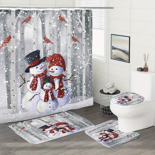 1pc Christmas Snowman Shower Curtain Set - Waterproof, Digital Printing, Bathroom Rug, Toilet U-Shape Mat, Toilet Lid Cover Pad, Complete Bathroom Decor for Thanksgiving Gift and Christmas Decorations