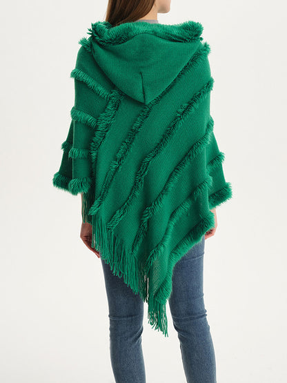 xakxx Hooded Keep Warm Solid Color Tasseled Cape Shawl&Cloak