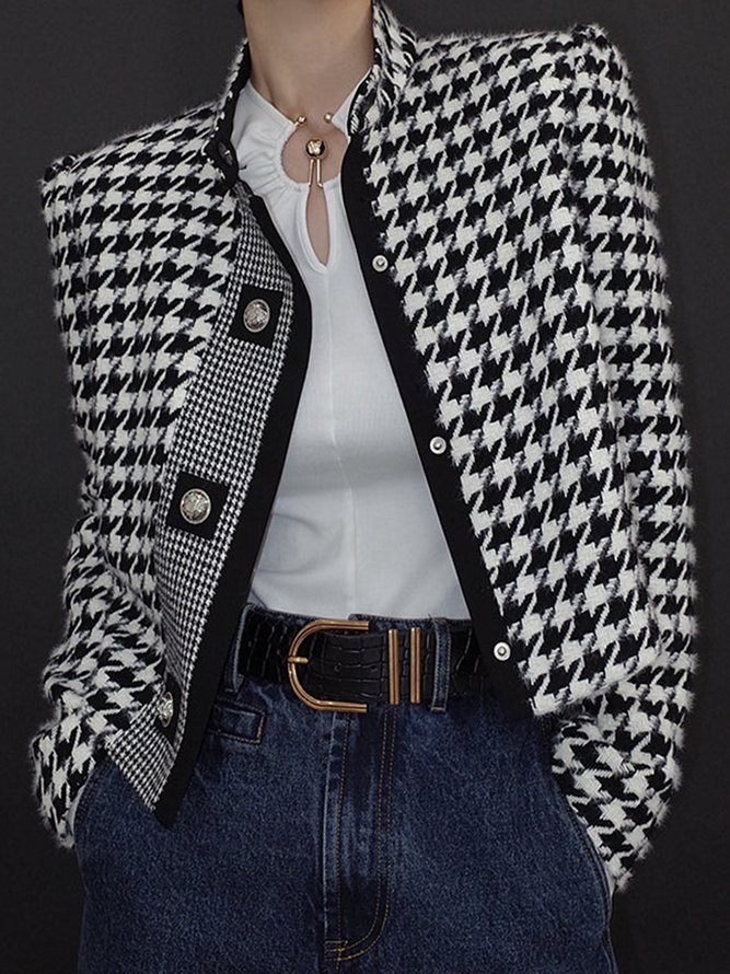 xakxx Stylish Long Sleeves Loose Houndstooth Stand Collar Jackets