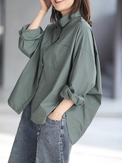 xakxx High-Low Long Sleeves Solid Color Lapel Blouses&Shirts Tops