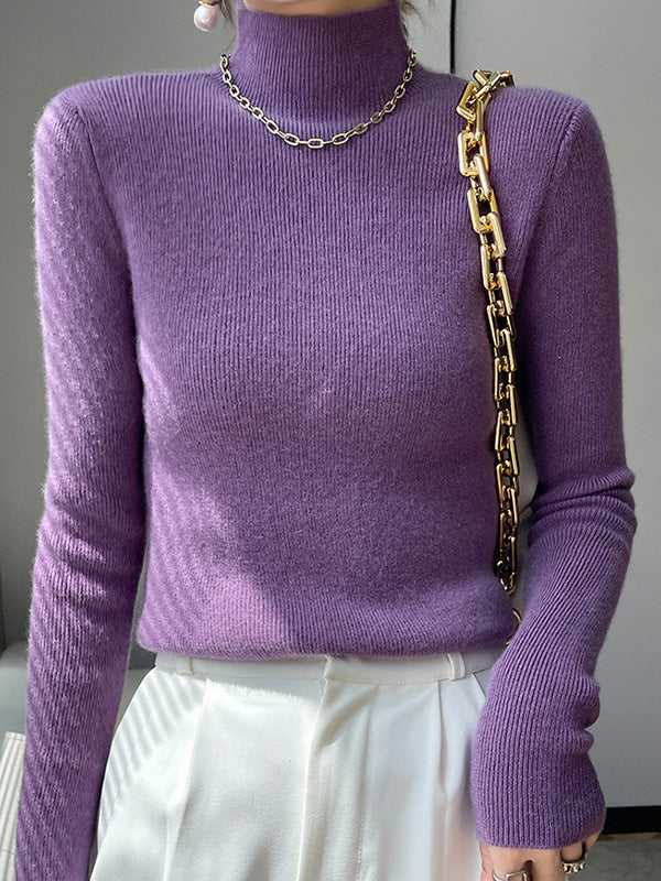 xakxx Casual Skinny Long Sleeves Solid Color Half Turtleneck Sweater Tops
