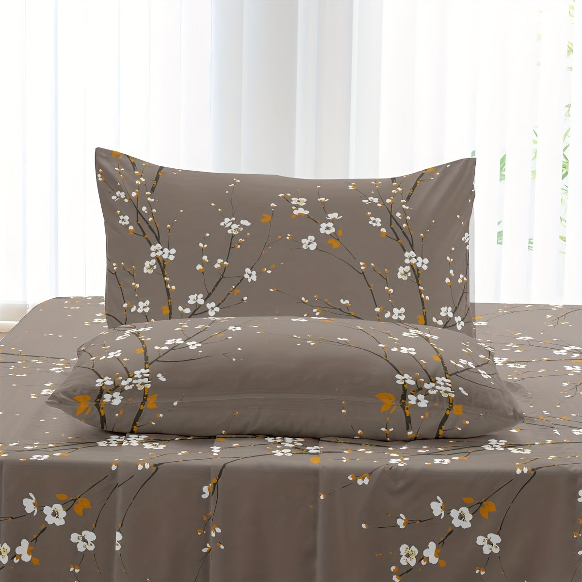 4pcs Luxury Flower Print Fitted Sheet Set - Soft, Hypoallergenic & Breathable Bedding - Wrinkle-Free & Fade-Resistant - Perfect for Bedrooms & Guest Rooms - 1 Flat Sheet, 1 Fitted Sheet, 2 Pillowcases - No Mattress Core