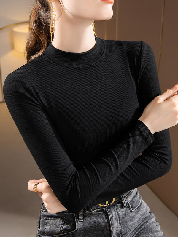 xakxx Casual Skinny Loose Solid Color Stand Collar T-Shirts Tops
