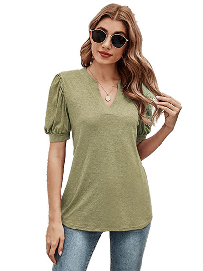 xakxx Simple Solid Color V-Neck Puff Sleeves T-Shirt Top