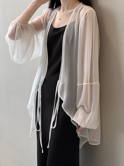 xakxx Bishop Sleeve Long Sleeves See-Through Split-Joint Tied Collarless Blouses&Shirts Tops