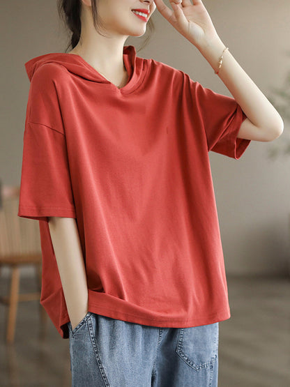 xakxx Short Sleeves Hooded Solid Color Hooded T-Shirts Tops