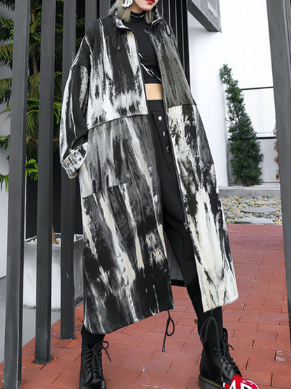 xakxx Long Sleeves Loose Drawstring Split-Joint Zipper Round-Neck Trench Coats