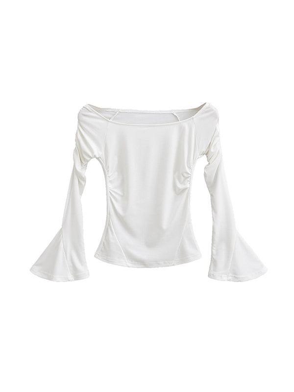 xakxx Flared Sleeves Long Sleeves Pleated Solid Color Boat Neck T-Shirts Tops