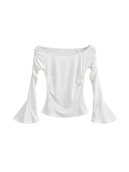 xakxx Flared Sleeves Long Sleeves Pleated Solid Color Boat Neck T-Shirts Tops