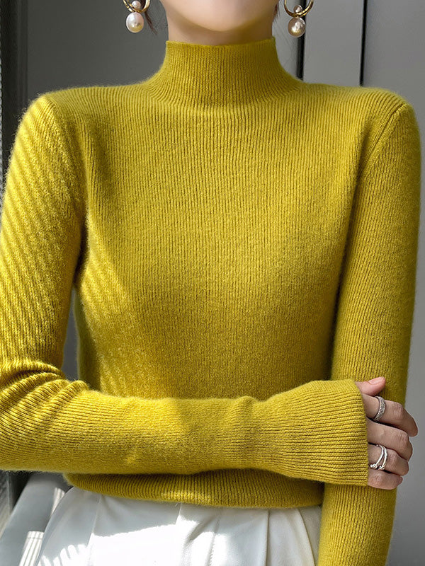 xakxx Casual Skinny Long Sleeves Solid Color Half Turtleneck Sweater Tops