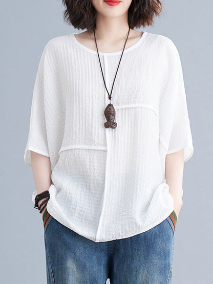 xakxx Batwing Sleeves Loose Solid Color Split-Joint Round-Neck T-Shirts Tops