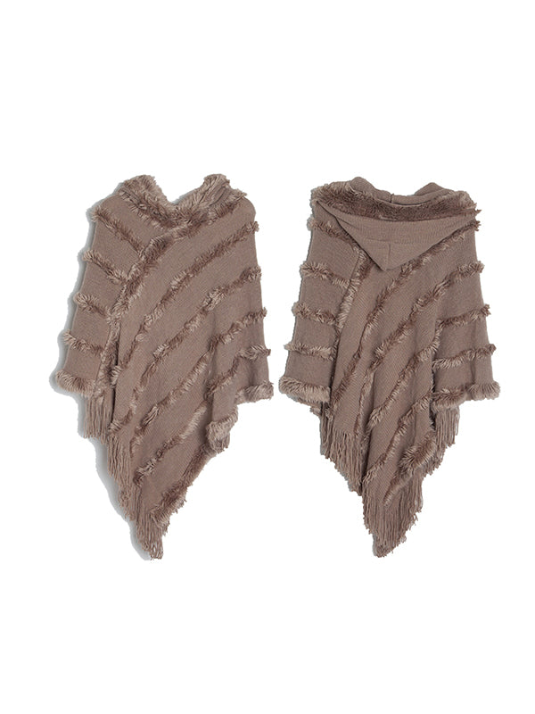 xakxx Hooded Keep Warm Solid Color Tasseled Cape Shawl&Cloak
