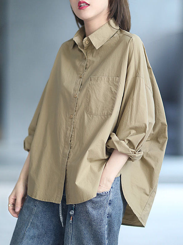 xakxx High-Low Long Sleeves Solid Color Lapel Blouses&Shirts Tops