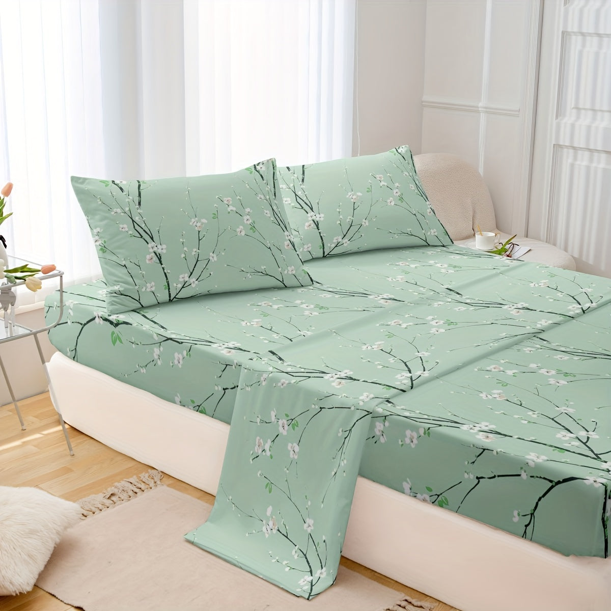 4pcs Luxury Flower Print Fitted Sheet Set - Soft, Hypoallergenic & Breathable Bedding - Wrinkle-Free & Fade-Resistant - Perfect for Bedrooms & Guest Rooms - 1 Flat Sheet, 1 Fitted Sheet, 2 Pillowcases - No Mattress Core