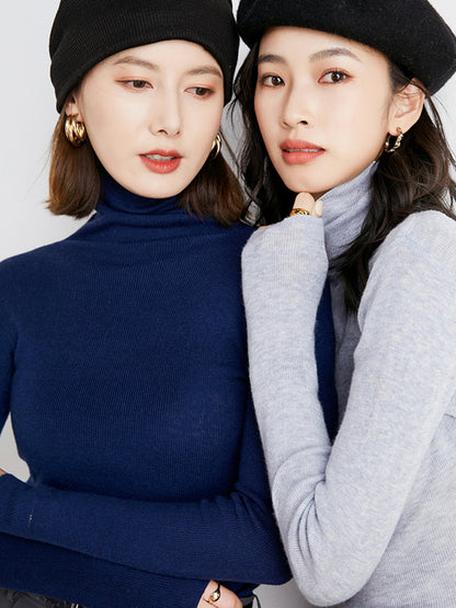 xakxx Simple Skinny Long Sleeves Solid Color High-Neck Sweater Tops Pullovers