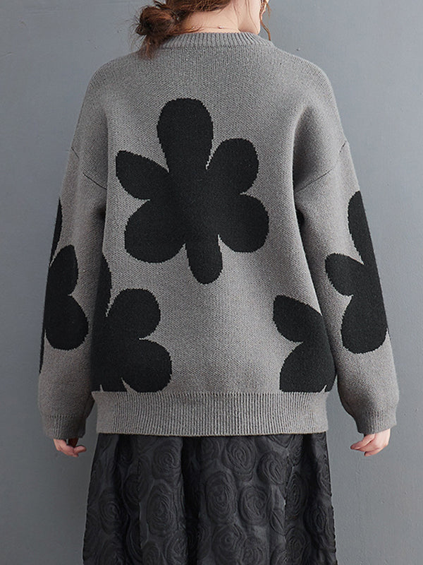 xakxx Casual Loose Long Sleeves Contrast Color Jacquard Round-Neck Sweater Tops