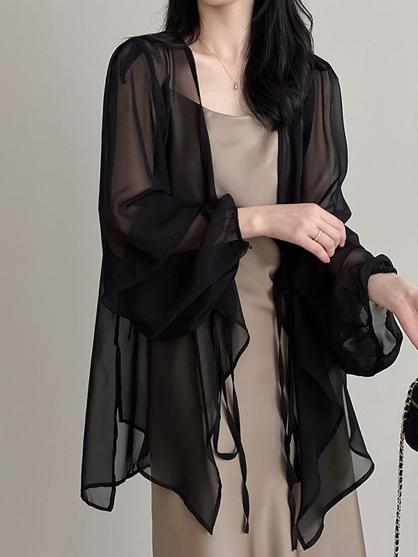 xakxx Bishop Sleeve Long Sleeves See-Through Split-Joint Tied Collarless Blouses&Shirts Tops