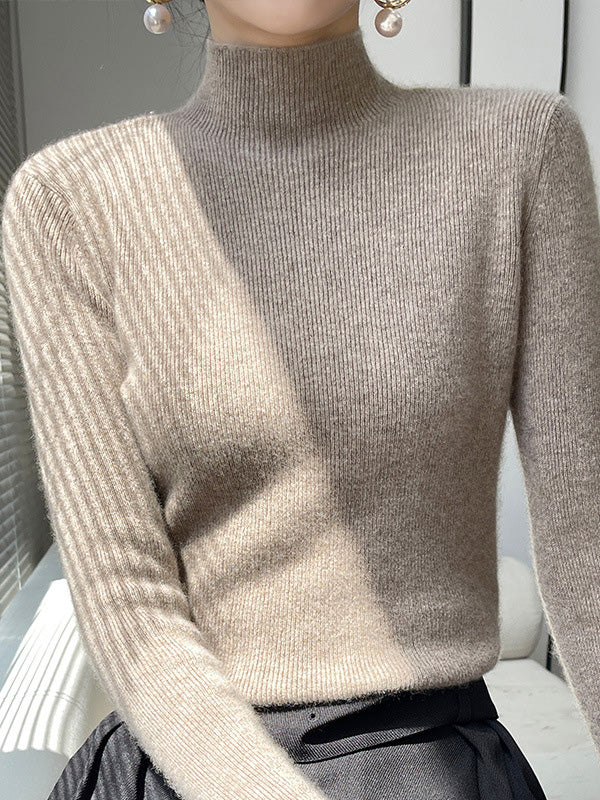 xakxx Casual Skinny Long Sleeves Solid Color Half Turtleneck Sweater Tops
