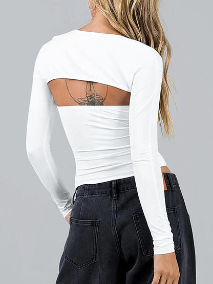 xakxx Long Sleeves Skinny Solid Color Collarless T-Shirts Tops