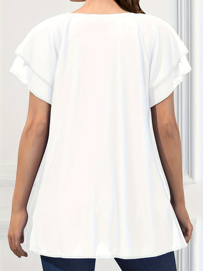 Vibrant Color Crew Neck Blouse - Ruffled Sleeve, Layered, Casual, Spring & Summer Essential - Women's Clothing for Everyday Wear