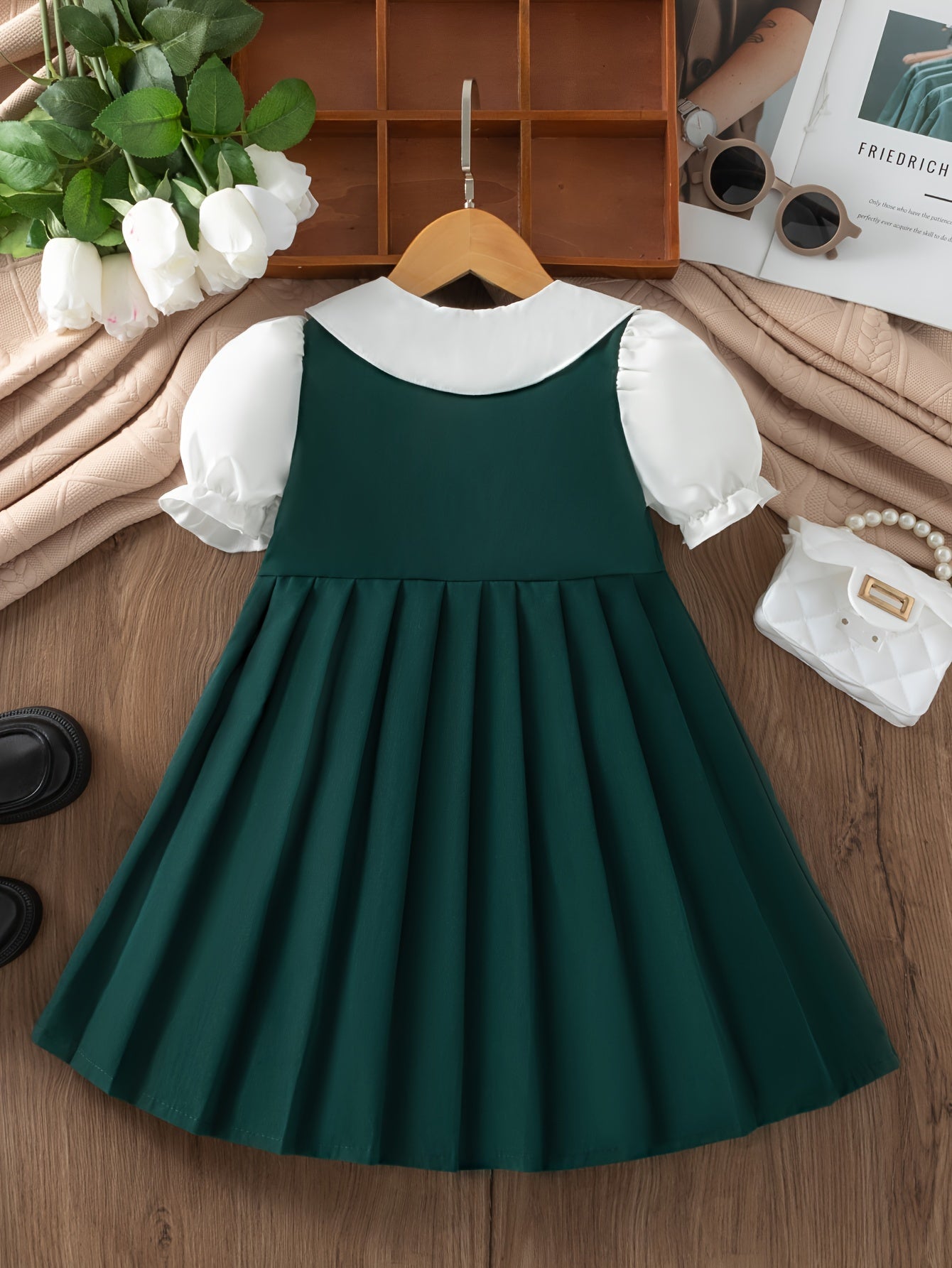Elegant Girls Preppy Style Doll Collar Pleated Dress - Non-Stretch Polyester Fabric, Machine Washable, Solid Color, A-Line Fit, Perfect for School Uniform or Summer Casual Wear, Easy Care Instructions Included