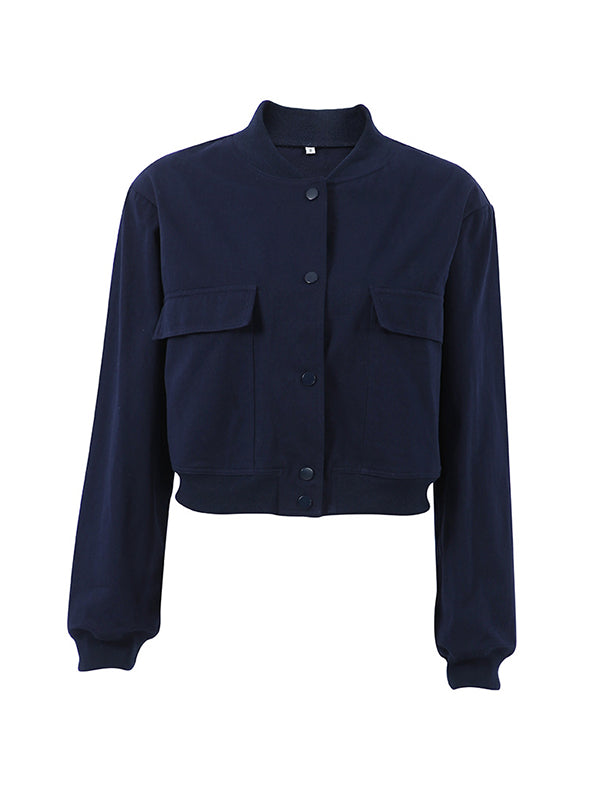 xakxx Long Sleeves Loose Buttoned Pockets Solid Color Round-Neck Jackets Outerwear