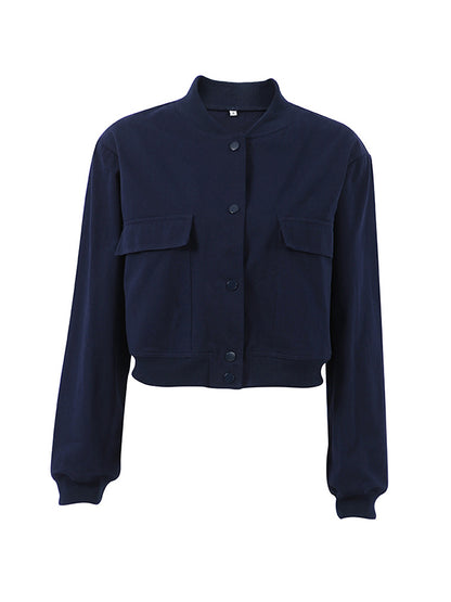 xakxx Long Sleeves Loose Buttoned Pockets Solid Color Round-Neck Jackets Outerwear