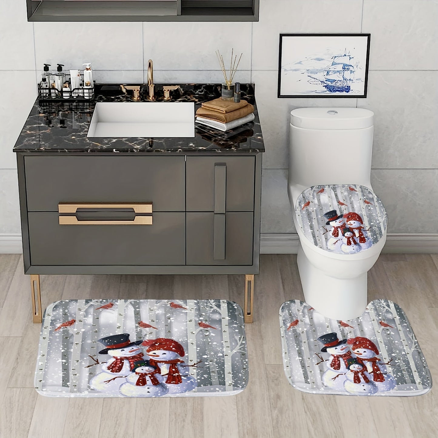 1pc Christmas Snowman Shower Curtain Set - Waterproof, Digital Printing, Bathroom Rug, Toilet U-Shape Mat, Toilet Lid Cover Pad, Complete Bathroom Decor for Thanksgiving Gift and Christmas Decorations