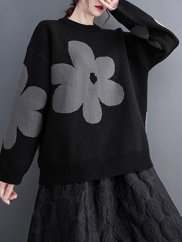xakxx Casual Loose Long Sleeves Contrast Color Jacquard Round-Neck Sweater Tops