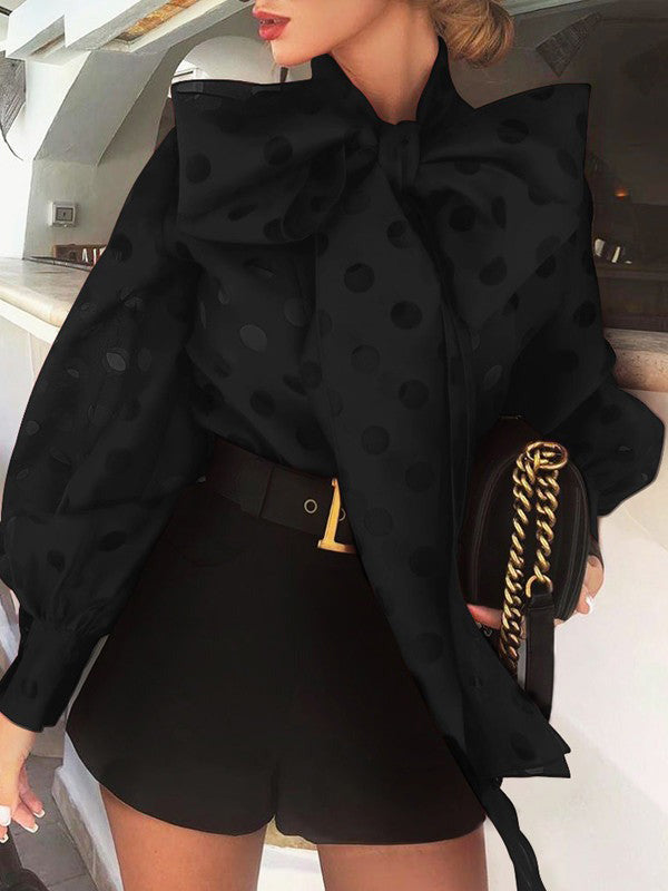 xakxx Loose Puff Sleeves Bowknot Pleated Polka-Dot See-Through Split-Joint High Neck Blouses