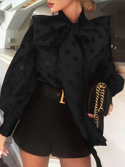 xakxx Loose Puff Sleeves Bowknot Pleated Polka-Dot See-Through Split-Joint High Neck Blouses