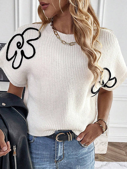 xakxx Loose Short Sleeves Knitted Flower Round-Neck Pullovers Sweater Tops