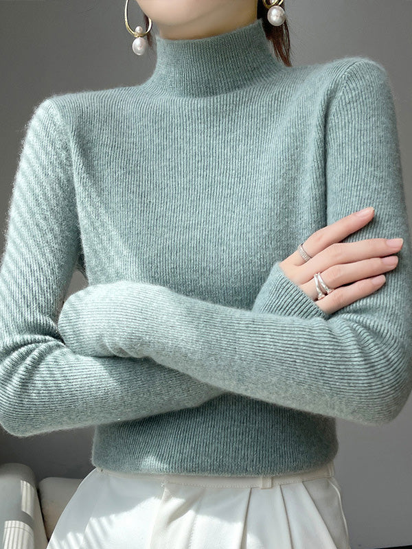 xakxx Casual Skinny Long Sleeves Solid Color Half Turtleneck Sweater Tops
