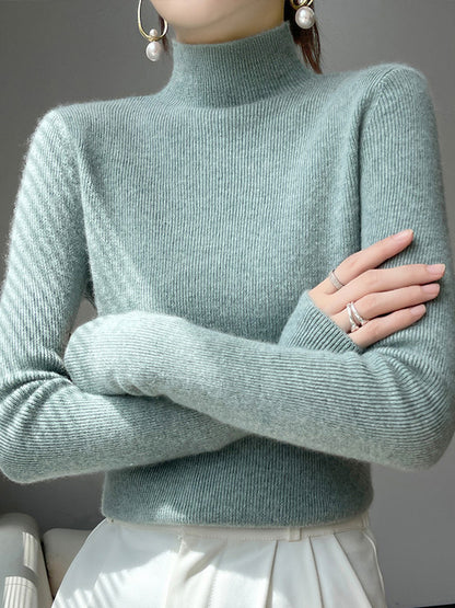 xakxx Casual Skinny Long Sleeves Solid Color Half Turtleneck Sweater Tops