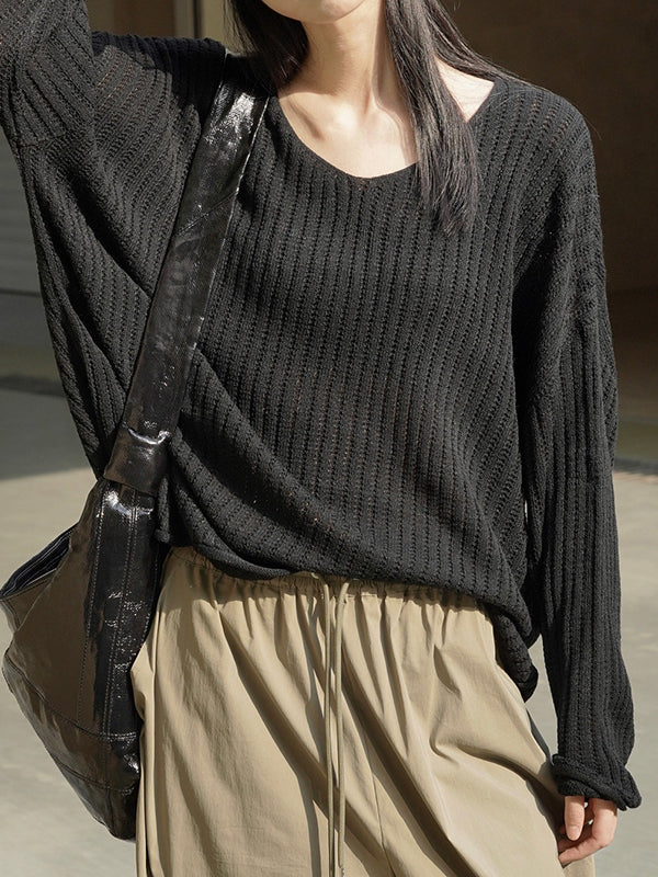 xakxx Long Sleeves Loose Solid Color V-Neck Pullovers Sweater Tops