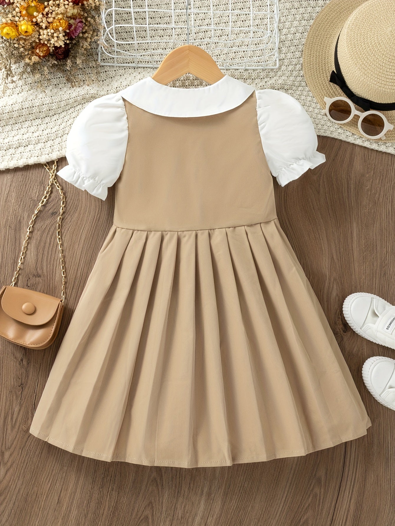 Elegant Girls Preppy Style Doll Collar Pleated Dress - Non-Stretch Polyester Fabric, Machine Washable, Solid Color, A-Line Fit, Perfect for School Uniform or Summer Casual Wear, Easy Care Instructions Included