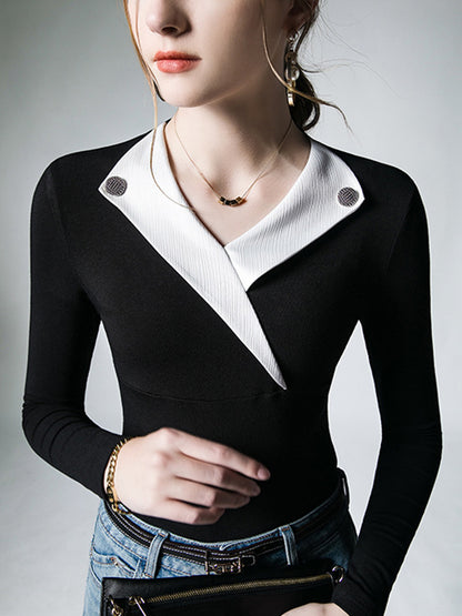 xakxx Long Sleeves Skinny Asymmetric Buttoned V-Neck T-Shirts Tops