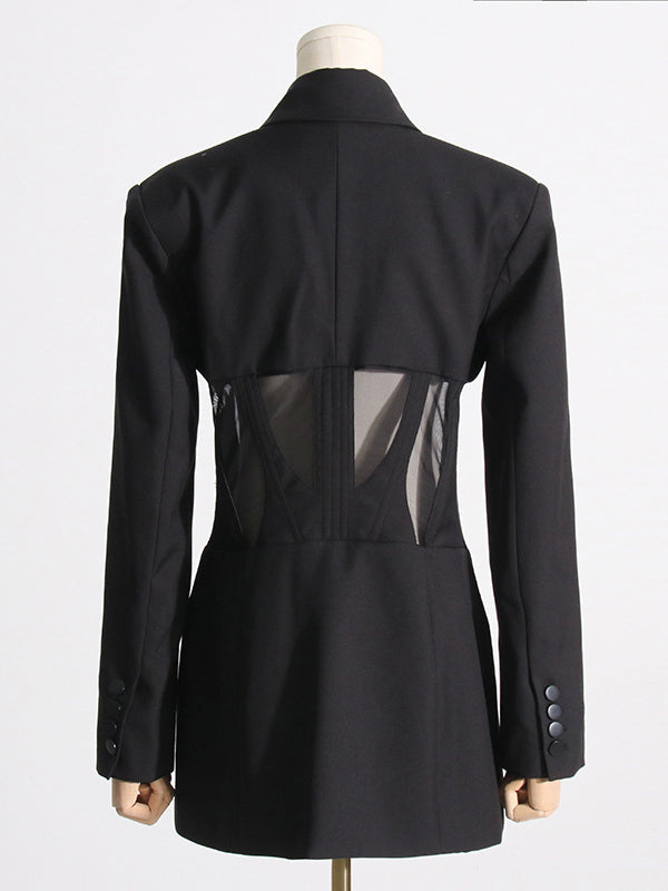 xakxx Long Sleeves Buckle Gauze See-Through Solid Color Split-Joint Notched Collar Blazer