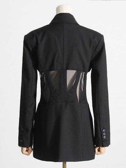xakxx Long Sleeves Buckle Gauze See-Through Solid Color Split-Joint Notched Collar Blazer
