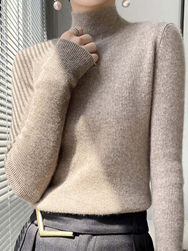 xakxx Casual Skinny Long Sleeves Solid Color Half Turtleneck Sweater Tops