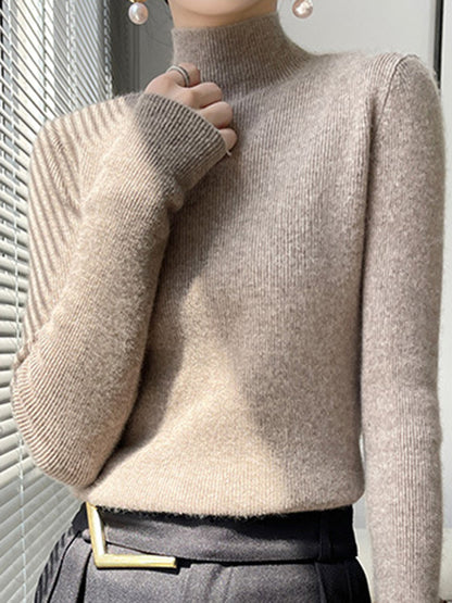 xakxx Casual Skinny Long Sleeves Solid Color Half Turtleneck Sweater Tops