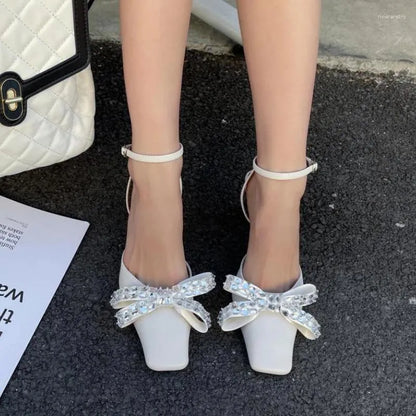 Dress Shoes Rhinestone Bow High Heeled Sandals Women Ankle Straps Low Heel Square Headed Pumps Sandalias Mujer