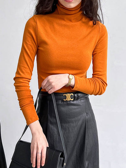 xakxx Long Sleeves Skinny Solid Color Split-Joint High Neck T-Shirts